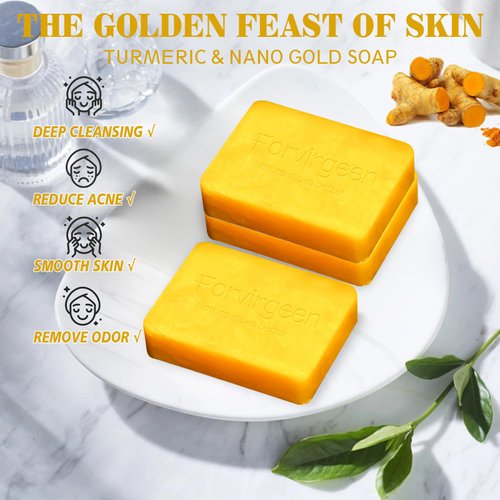 3 PCS Turmeric Soap Bar for Face & Body, All Natural Turmeric Soap with 24k Nano Gold, Handmade Tumeric Soap Bar, 24k Gold Soap Bar and Turmeric Face Soap, Smooth Skin and Moisturizing, 3.53oz X 3