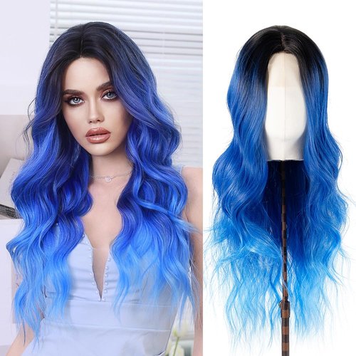 Le Opeia Blue Long Wavy Curly Wigs for Women Like Human Hair Natural Wig 26 Inch Made with Premium Materials for Daily Party Cosplay (Blue Enchantress)