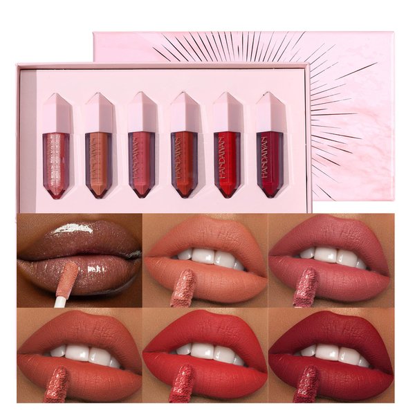 BANGFENG 6PCS Diamond Lip Gloss Set, Matte & Pearlescent Finish, Long-Lasting Hydrating Lipstick, Non-Sticky, High-Pigment Formula for All-Day Wear, Shimmer & Velvet Effect (Diamond B, 1)