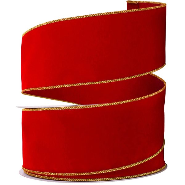 Red Velvet Ribbon Velvet Christmas Ribbon Red Wired 50 Yards/2.5 (2 1/2) Inch Wide w. Gold Trim Wire-Edge: Valentine, Xmas Gift Wrap, Christmas Tree Bows/Outdoor/Wire Ribbons for Crafts/Gifts