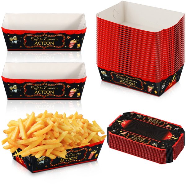 30 Pieces Movie Night Snack Trays Party Supplies Red Nacho Paper Food Trays Movie Theme Decoration Popcorn Paperboard Holder for Movie Theater Birthday Party Favors, 0.66lb