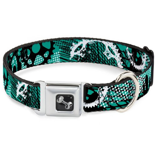 Dog Collar Seatbelt Buckle Grunge Gears Green 15 to 26 Inches 1.0 Inch Wide