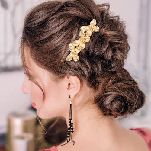 Dizila 8 Pieces Gold Metal Vintage Pearl Rhinestone Butterfly Flower Leaf Sun Moon Prom Bridal Wedding Hair Side Combs French Twist Hair Pins Grips Headpieces for Women Girls