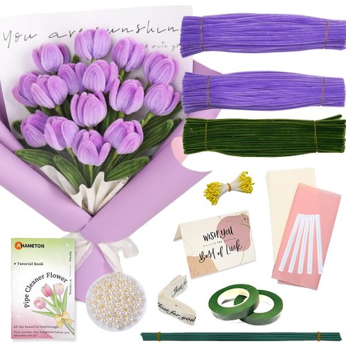 AHAMETON 480PCS Taro Purple and Green Pipe Cleaners Craft Supplies Pipe Cleaners Bouquet Supplies Blossom Tulips Lily Chenille Stems Bulk DIY Flower Bouquet Kit for Wedding Gift, Holiday Decoration