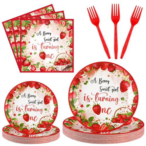 Sunnyray 96 Pieces Berry First Birthday Party Decorations a Berry Sweet Girl Is Turning One Party Supplies Strawberry Theme 1st Birthday Tableware Set Dessert Plates Napkins Forks for 24 Guests