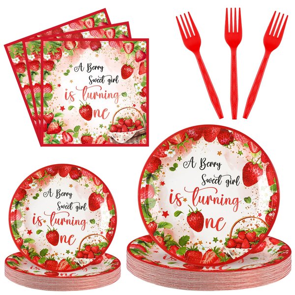Sunnyray 96 Pieces Berry First Birthday Party Decorations a Berry Sweet Girl Is Turning One Party Supplies Strawberry Theme 1st Birthday Tableware Set Dessert Plates Napkins Forks for 24 Guests