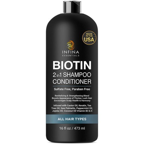 INFINA ESSENTIALS Biotin 2 in 1 Shampoo and Conditioner Men & Women - Hair Thickening Shampoo w/Saw Palmetto, Keratin, Caffeine & Vitamin E - 16 Fluid Ounces