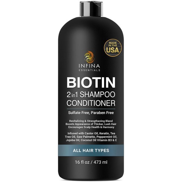INFINA ESSENTIALS Biotin 2 in 1 Shampoo and Conditioner Men & Women - Hair Thickening Shampoo w/Saw Palmetto, Keratin, Caffeine & Vitamin E - 16 Fluid Ounces