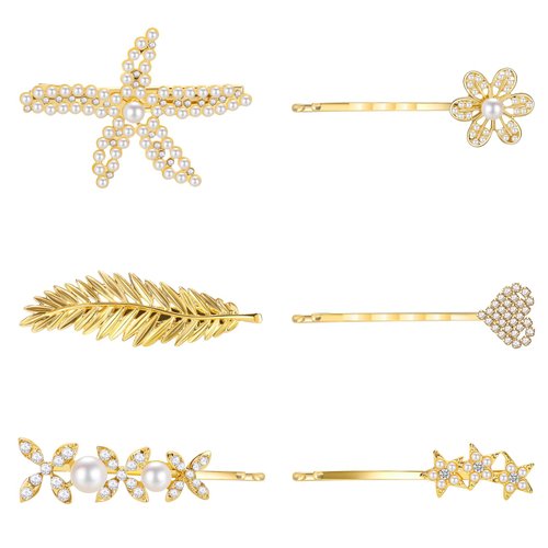 6 Pieces Elegant Hair Barrettes Bridal Golden Metal Hair Clip Handmade Artificial Pearl Barrettes Clip Set and Clear Rhinestone Bobby Pin for Weddings Hair Accessories