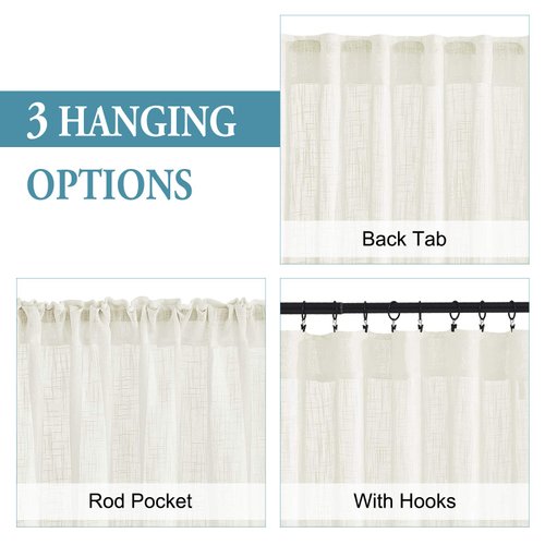 RYB HOME Linen Sheer Curtains - Solid Privacy Textured Semi Sheer Drapes Light Glare Filtering Airy Window Covering for Living Room Bedroom Doorway, Cream, W 52 x L 45 inches Long, 2 Panels