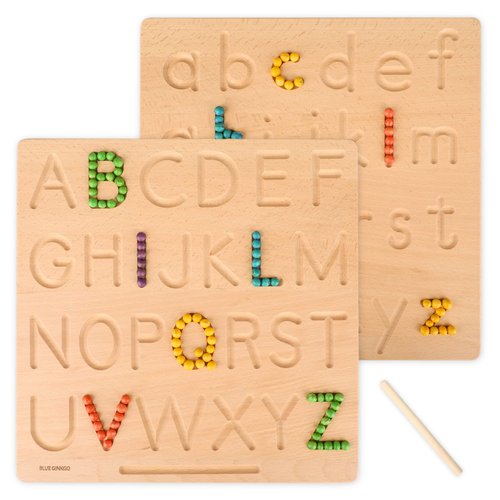 BLUE GINKGO Wooden Alphabet Tracing Board - Double-Sided Montessori Letter Tracing Board - Preschool and Toddler Learning Toys - Uppercase and Lowercase Wooden Alphabet - 11.4 x 11.4 Inches