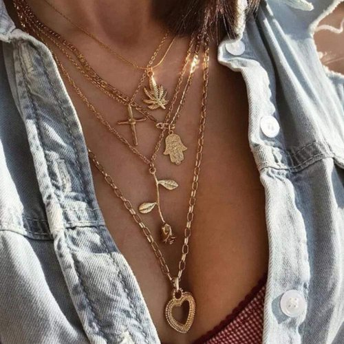 fxmimior Boho Gold Sequins Rose Flower Cross Layered Necklace Dainty Pearls Chain Cross Pendant Long Necklaces Jewelry for Women