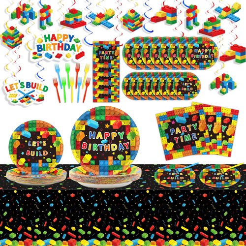 146pcs Building Block Birthday Party Supplies Set Kids Birthday Brick Decorations Paper Plates Napkins Tablecloths Single Hanging Swirl Colorful Blocks Party Birthday Decor Favors for Boy or Girl