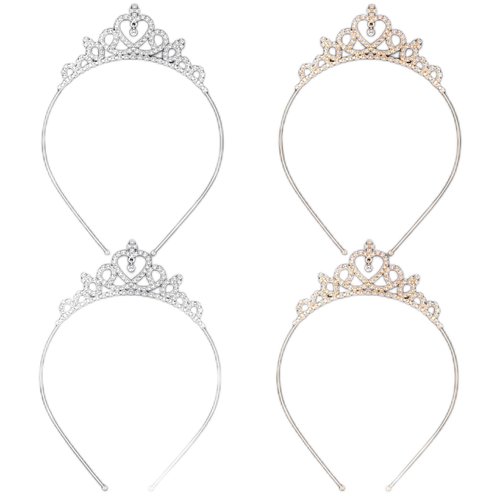 HINZIC 4 Pack Glittering Rhinestone Non-Slip Crown Headbands for Women, Sparkling Crystal Heart Adjustable Wedding Bridal Tiara Headpiece Hair Band for Brides Bridemaids Girls- 2 Gold & 2 Silver