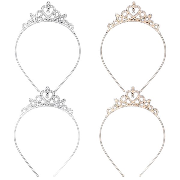 HINZIC 4 Pack Glittering Rhinestone Non-Slip Crown Headbands for Women, Sparkling Crystal Heart Adjustable Wedding Bridal Tiara Headpiece Hair Band for Brides Bridemaids Girls- 2 Gold & 2 Silver