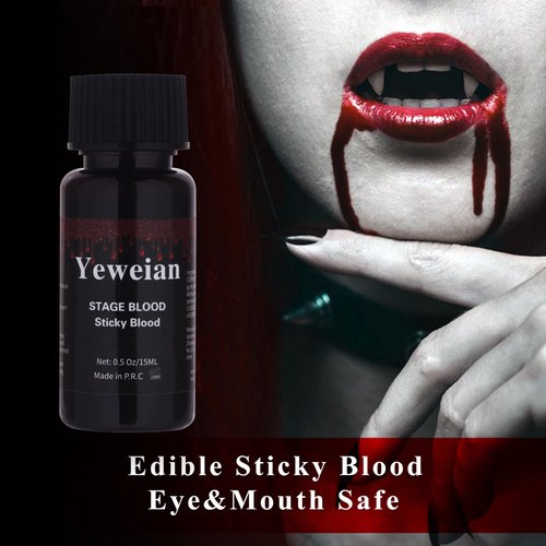 Yeweian Fake Blood Washable(0.5 oz), Edible Stage Blood, Realistic Sticky Fake Blood Makeup for Eye Blood Drops,Mouth,Nosebleed,Halloween SFX Makeup,Costume,Zombie,Vampire and Monster Cosplay(Dark)