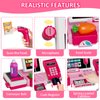 HYES Kids Cash Register Toy Playset with Real Calculator, Toddler Pretend Play Store incl Scanner/Credit Card/Play Money/Conveyor/Food Toys, Learning Toys Gifts for Girls Ages 4-8 8-12, Pink