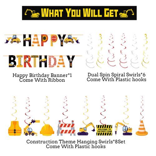 67pcs Construction Birthday Party Supplies Set Includes Birthday Banner 8 Hanging Swirls Construction Party Sign Construction BalloonsCake Toppers Caution Tape Dump Truck Party Decorations for Boys