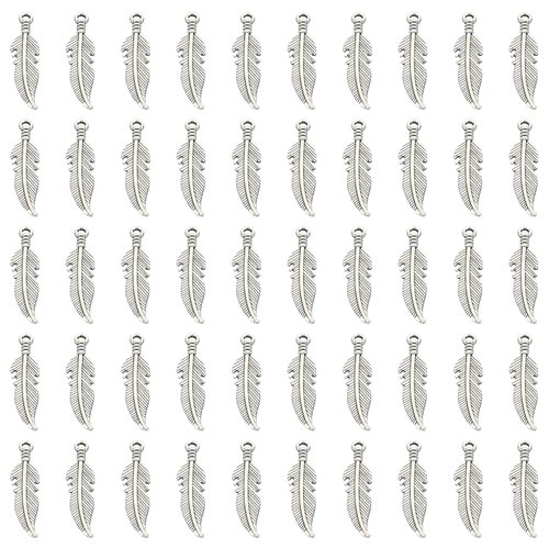 PATIKIL Feather Charm, 50Pcs Mini Feather Pendant Charm Bulk Metal DIY Dream Catcher for Jewelry Making Bracelets Earrings Necklace Crafts Keychain, Silver Tone