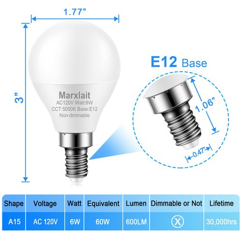 Marxlait 8 Pack E12 Ceiling Fan Light Bulbs, 60W Equivalent, Daylight White 5000K, Small Base LED Candelabra Light Bulb, Bright A15 LED Bulb, 120V, Non-dimmable