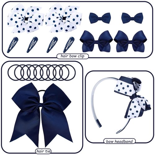 Whaline 20Pcs Back to School Uniform Hair Bows Set Navy Blue White Multi-styled School Bows Hair Clips Accessories with Headband Hair Ties Snap Hair Clips for Female Student Supplies