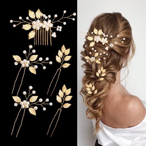 5 Pieces Bridal Hair Pins: Gold Leaf Rhinestone Pearl Clips Headpiece, Vintage Accessories for Brides, Bridesmaids, Flower Girls