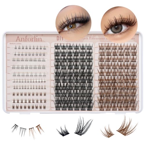 Natural Lash Clusters 10-20mm with Bottom Lashes 5-7mm Black Lashes & Brown Lash Clusters C Curl Cluster Eyelash Extensions 204 PCS Wispy Lash Clusters Beginner Friendly DIY At Home, by Anforlin
