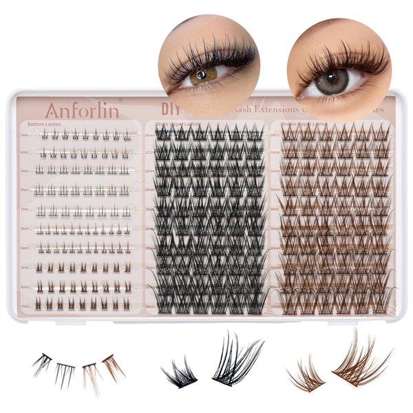 Natural Lash Clusters 10-20mm with Bottom Lashes 5-7mm Black Lashes & Brown Lash Clusters C Curl Cluster Eyelash Extensions 204 PCS Wispy Lash Clusters Beginner Friendly DIY At Home, by Anforlin