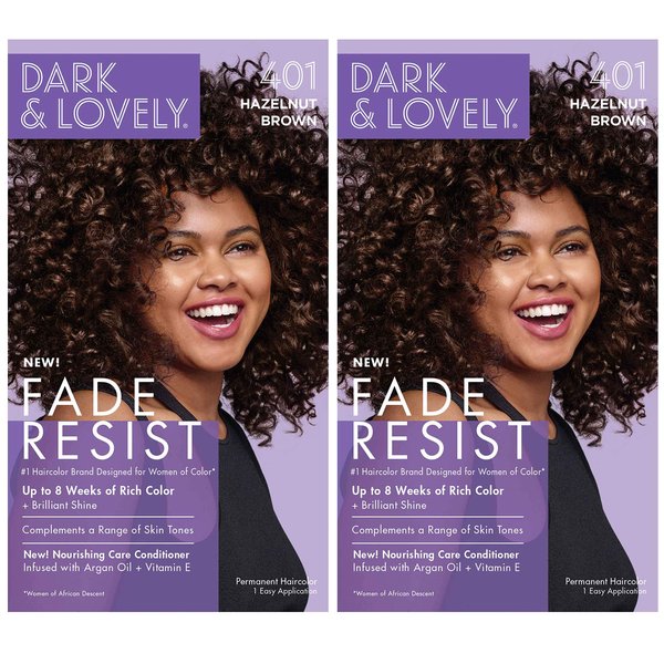 SoftSheen-Carson Dark and Lovely Fade Resist Rich Conditioning Hair Color, Permanent Hair Color, Up To 100 percent Gray Coverage, Brilliant Shine with Argan Oil and Vitamin E, Hazelnut, 2 Count