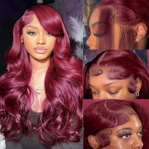 ELFSECRET 99J Burgundy Lace Front Wigs Human Hair Body Wave 180 Density HD Transparent Lace Frontal Wig for Black Women Glueless Burgundy 13x4 Lace Front Wig Pre Plucked with Baby Hair 24Inch