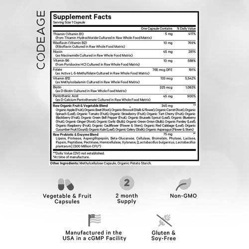 Codeage Raw Vitamin B-Complex Supplement - Essential B Vitamins with Probiotics, Digestive Enzymes, Fruits & Vegetables - 2-Month Supply - Methylfolate - Biotin - Vitamin B12 - Non-GMO - 60 Capsules