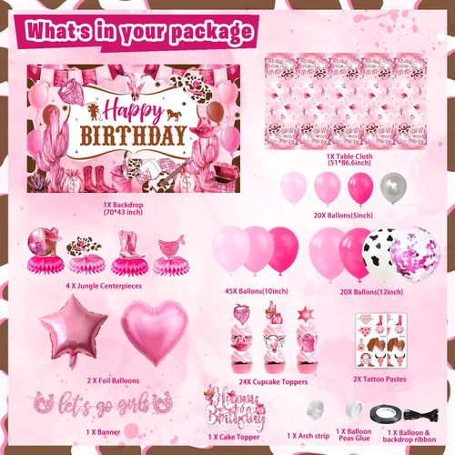 LXlucktim Disco Cowgirl Party Decorations, 128 Pcs Western Cowgirl Pink Horse Birthday Party Decorations Supplies for Girl - Backdrop, Toppers, Tablecloth, Centerpieces, Let's Go Girls Banner
