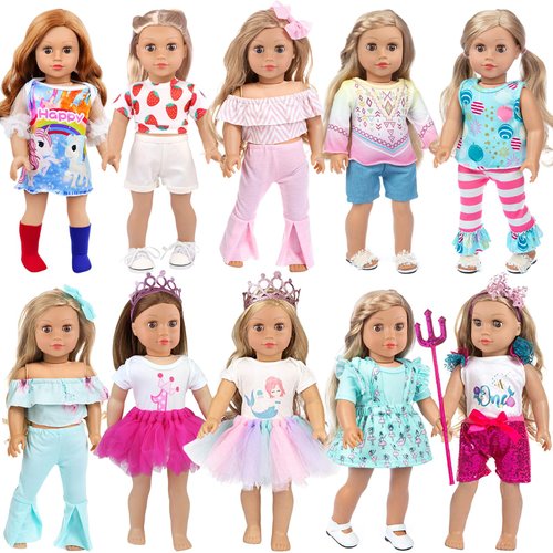 Ecore Fun Ramdon 10 Sets 18 Inch Doll Clothes Outfits Pajamas Dresses Hair Clips for 18 Inch Girl Doll