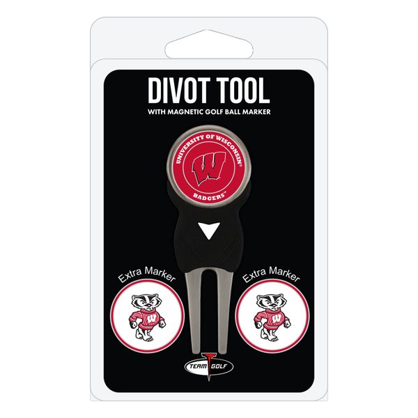 Team Golf NCAA Wisconsin Badgers Divot Tool Pack With 3 Golf Ball Markers Divot Tool with 3 Golf Ball Markers Pack, Markers are Removable Magnetic Double-Sided Enamel