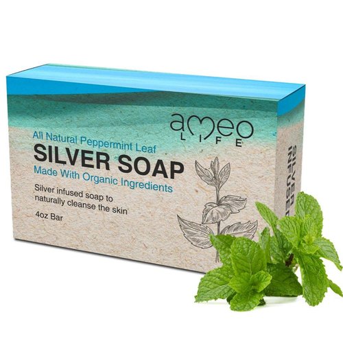 Ameo Life Peppermint Silver Soap with 30 ppm Silver - Naturally Cleanses the Skin, 4 oz Colloidal Silver Soap Bar for Women and Men