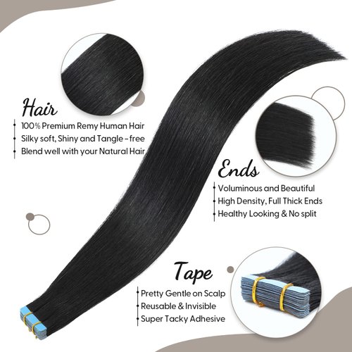 Jerriess Tape in Hair Extensions Human Hair, Professional Grade Remy Human Hair Tape in Extensions, Silky Texture &Full Thick Ends Hair Extensions, 20pcs 50g/pack Straight Natural Black, 22 inch(#1b)