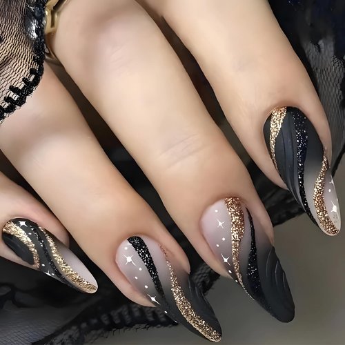 MISUD Press on Nails Medium Almond Fake Nails Matte Glue on Nails Black Ombre Acrylic Nails Stiletto Artificial Nails Bling Gold Glitter Swirl Stick on False Nails with Design 24 pcs