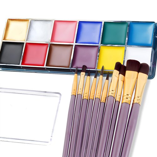 Face Paint Kit, 12 Colors Painting Palette with 10 Brushes Water-Based Body Paint Face Makeup Safe and Easy to Clean for Halloween Carnivals Cosplay Party Stage Performances