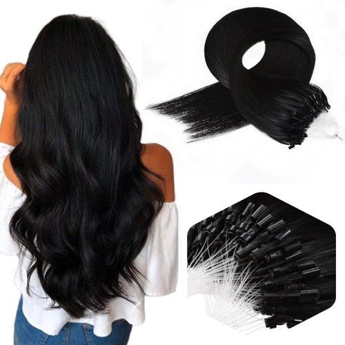 Micro Ring Hair Extensions Human Hair Bead in Hair Extensions 0.5g/s 50g Micro Bead Hair Extensions Jet Black Microlinks Hair Extensions Human Hair 16 Inch #1