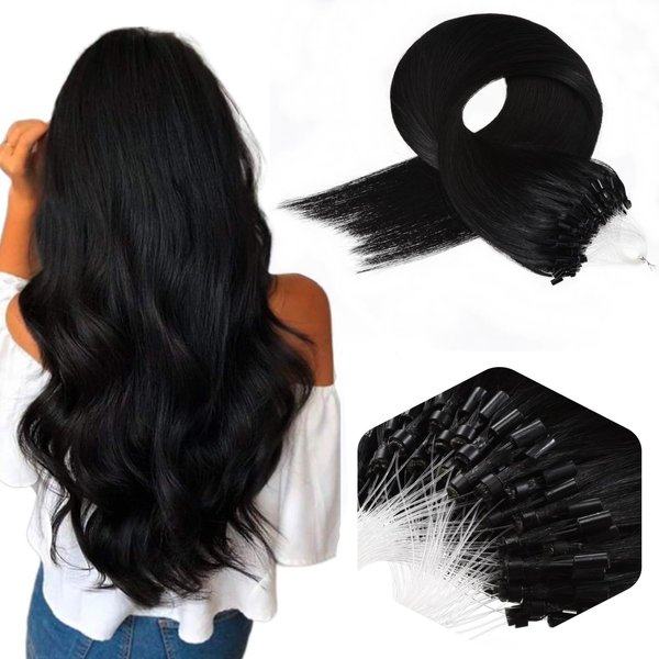 Micro Ring Hair Extensions Human Hair Bead in Hair Extensions 0.5g/s 50g Micro Bead Hair Extensions Jet Black Microlinks Hair Extensions Human Hair 16 Inch #1