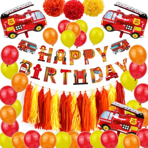 Dulousia Fire Truck Party Supplies - Fireman Happy Birthday Banner, Paper Pom Pom Tissue Tassels, Firefighter Birthday Balloon, Fire Truck Birthday Party Decorations