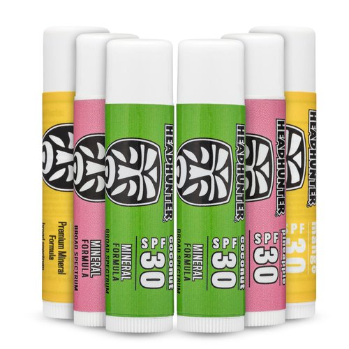 Headhunter Sport Chapstick Sunscreen SPF 30, Natural Mineral Waterproof Lip Balm For Sun Protection, Ultra Solar Defense - Reef Safe Sunblock Chap Stick, 3 Flavors - Coconut, Pineapple, Mango (6 Pack)