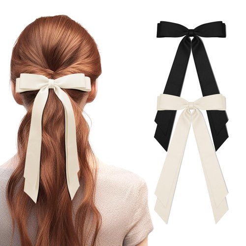 2Pcs Silky Satin Hair Bows for Women Double-layer Hair Ribbon Bows Hair Clip with Long Tail Ponytail Holder Barrettes Hair Accessories-Black/Beige