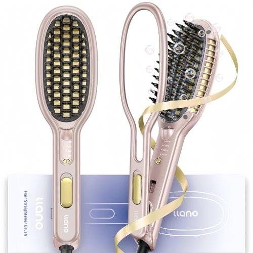 Llano Hair Straightener Brush, 2024 Upgraded Ionic Hair Straightener and Curler 2 in 1 with Holder Clamp, Anti-Frizz, Anti-Scald Ceramic Straightening Brush for All Hair Types (Pink)