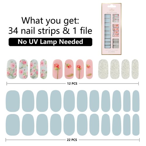 LabTabBa 34pcs Gloss Nail Strips, UV-Free Nail Stickers, Nail Polish Strips Gradient Full Nail Wraps, Self-Adhesive Glitter Nail DIY, 12 Sizes with Cuticle Stick and Nail File