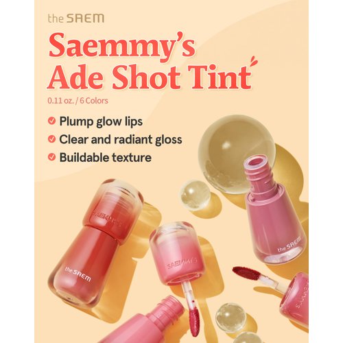 THESAEM Saemmy's Ade Shot Tint - Korean Lip Titnt, Water Gel Lip Stain with Plump Glowy Moisturizing Finish, Buildable Radiant Gloss, Long-Lasting Comfort, 0.1 fl.oz. (02 Peach Oolong)
