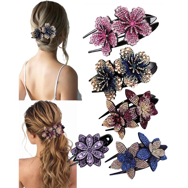 5 PCS Double Flower Rhinestone Hair Clip Elegant Luxury Fancy Decorative hair Accessories Long Hair Adult Hair Jewelry For Women Crystal Thick Hair Pin Gems Korean Charms Barrettes Ornaments Design