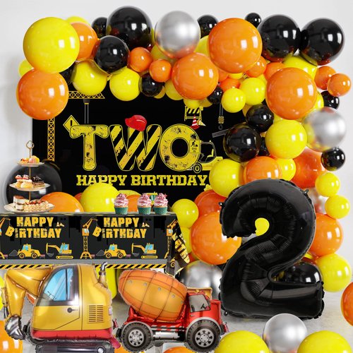 Construction 2nd Birthday Party Supplies, Construction Birthday Party Decorations Kit - Balloon Garland Arch Kit, Construction Birthday Backdrop,Tablecloth,Foil Confetti Balloons Party