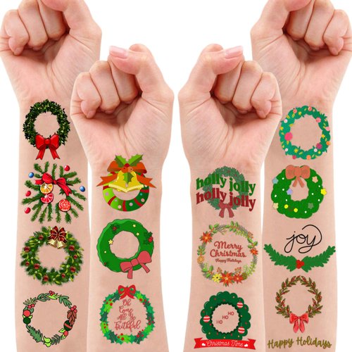 Merry Christmas Temporary Tattoos Wreath Birthday Party Decorations Favors Supplies Xmas Themed Cute Stickers 10 Sheets 100 PCS Gifts for Baby Girls Boys Class School Carnival