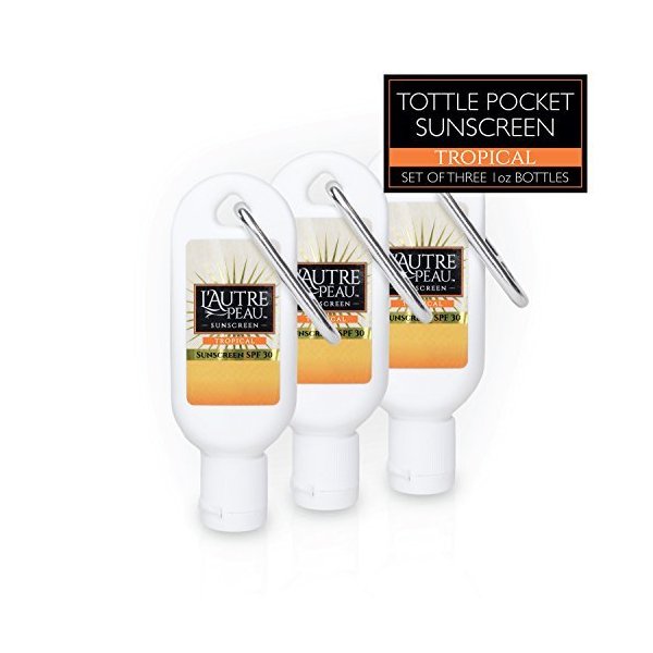 SPF 30 Sunscreen Multi-Pack by L'AUTRE PEAU | Travel Size Sunscreen for Men, Women, and Kids | Non-Greasy Water Resistant | Tropical Scent | TSA Approved | (4 Pack Sunscreen With Travel Strap)